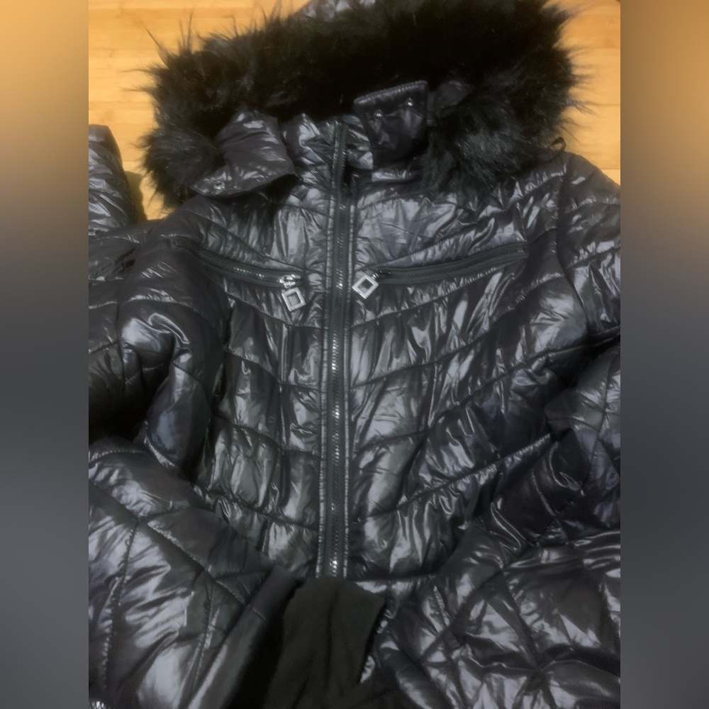 Womens Winter Black One Piece Ski Suit Fur Collar Coat Jumpsuit Snowsuit XXL